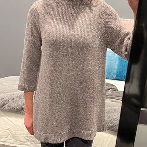 Per Se Carlisle Chunky Knit Tunic Sweater Grey Metallic Gold Thread Sz Medium